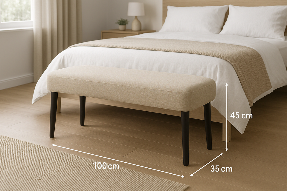 Banco Estofado Tecido Bege Pés Pretos 100cm